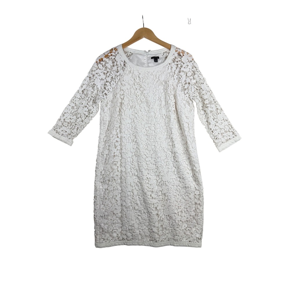 Ann Taylor Floral Lace Overlay 3/4 Sleeve Dress size 8 White